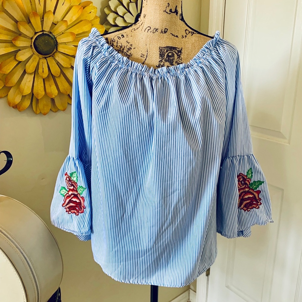 J Gee off the shoulder stripe blouse sz XL - Picture 1 of 4